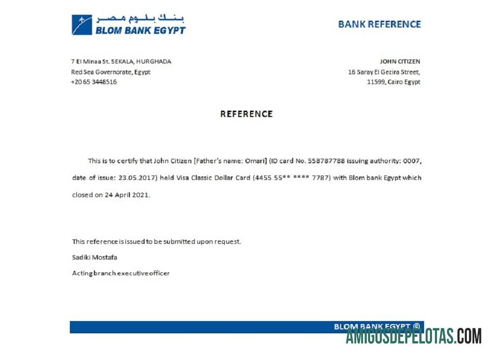 Referência de fechamento do banco Egypt Blom exemplo